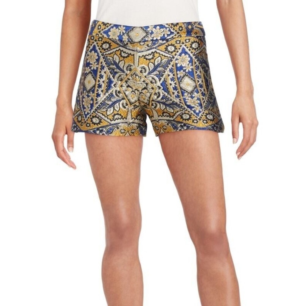 Alice + Olivia Gold Mustard Blue Baroque Jacquard Silk Woven Embroidered Shorts